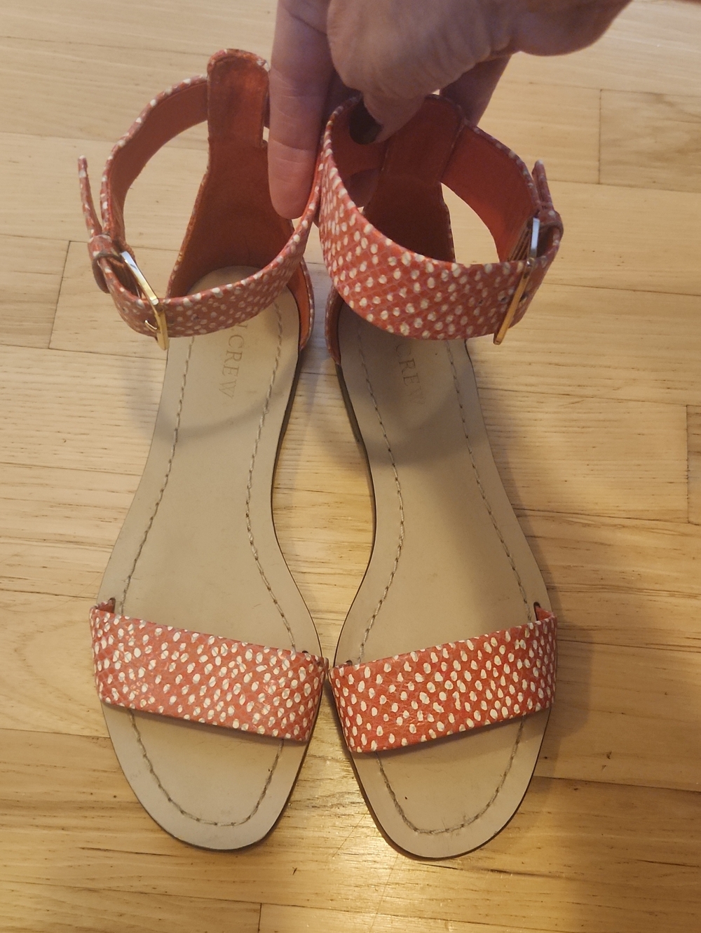 J. Crew Coral and White Ankle-Strap Flat Sandals